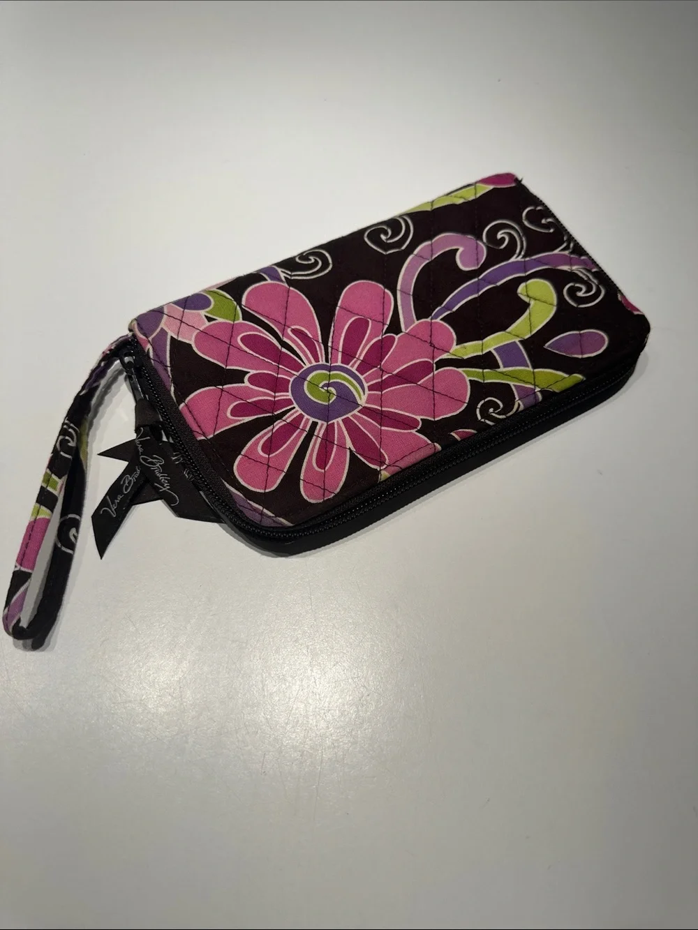 Vera Bradley Black Wristlet with Pink and Green Floral Print